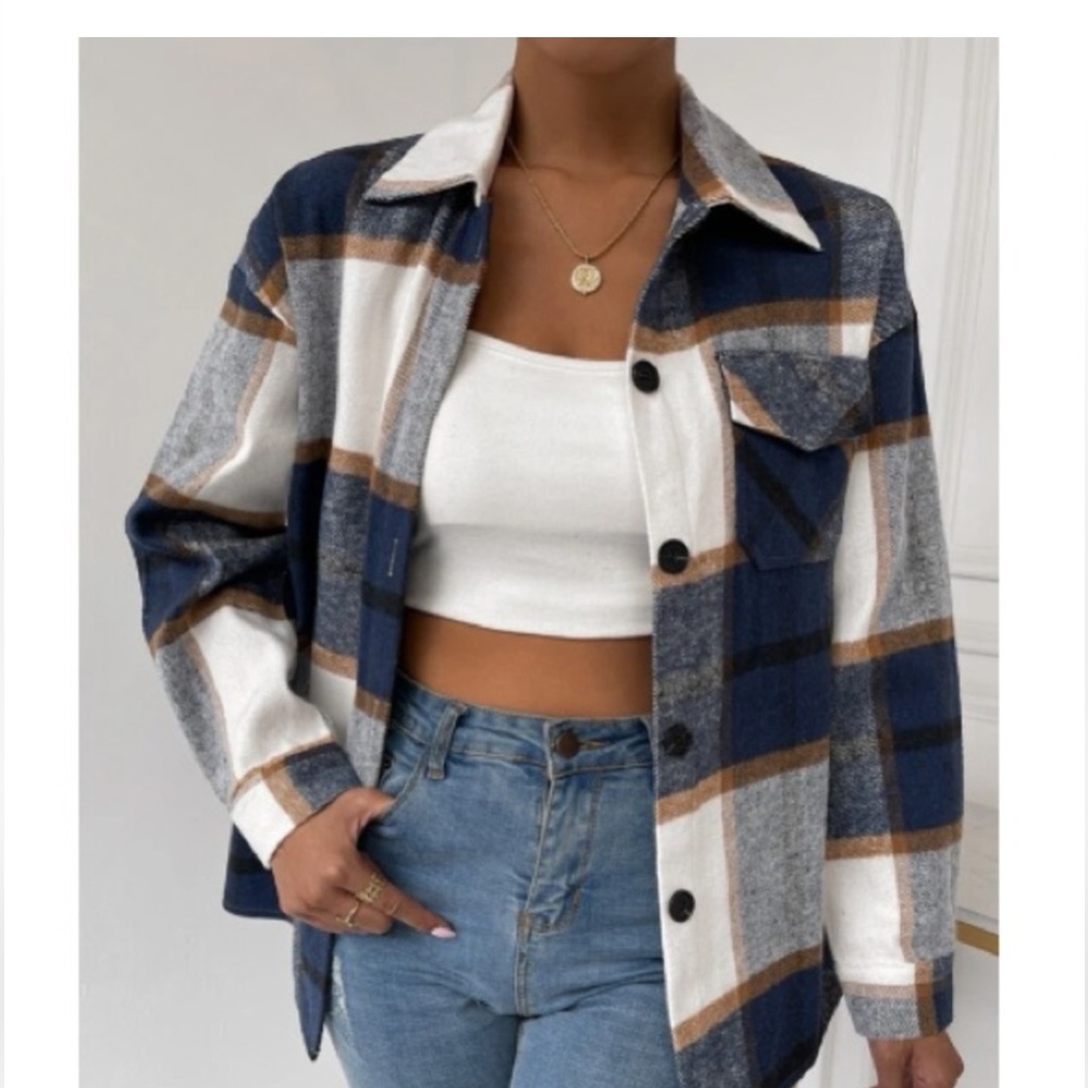 Plaid Button-Up Shirt - Blue, White, and Brown